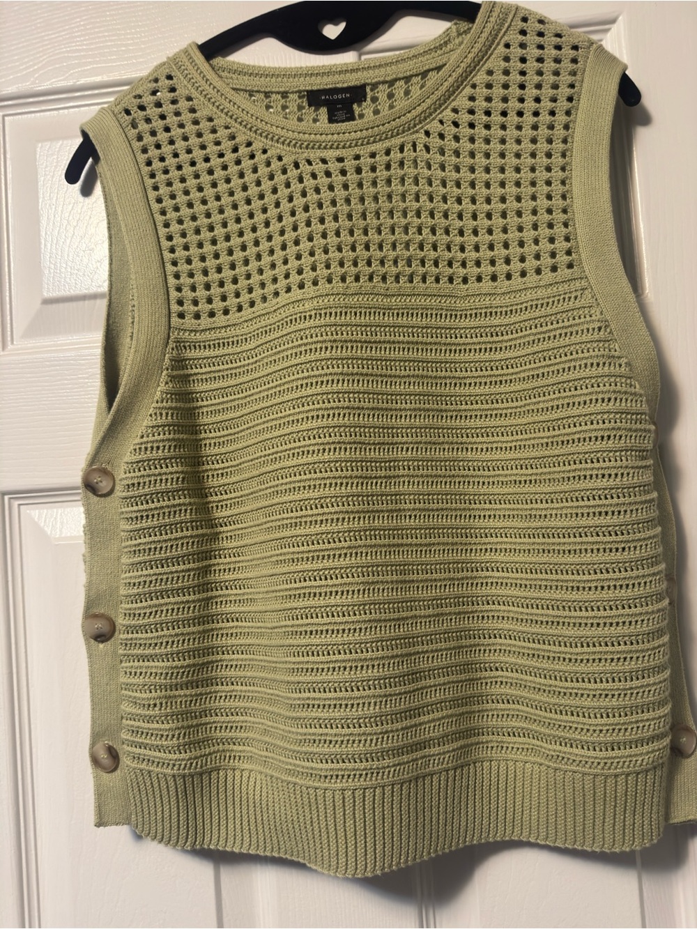 Halogen Light Olive Open-Knit Sleeveless Vest with Side Buttons